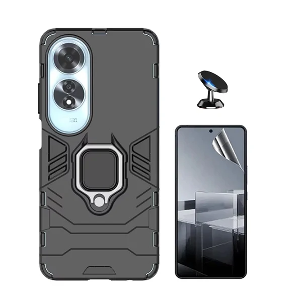 Kit Película Hydrogel Full Cover Frente + Capa 3x1 Military Defender + Suporte Magnético de Carro para Oppo A60 - Preto