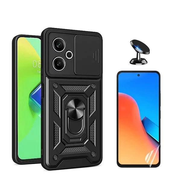 Kit Película Hydrogel Full Cover Frente + Capa Magnetic Military Defender Slide Window + Suporte Magnético de Carro para X...