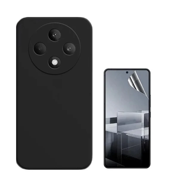 Kit Película Hydrogel Full Cover Frente + Capa Silicone Líquido para Oppo Reno12 FS 5G - Preto