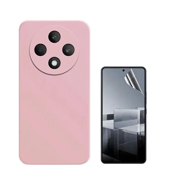 Kit Película Hydrogel Full Cover Frente + Capa Silicone Líquido para Oppo Reno12 FS 5G - Rosa