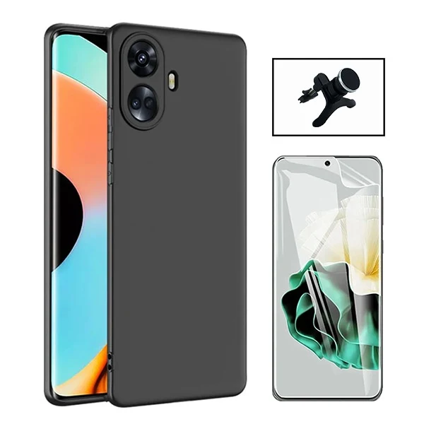 Kit Película Hydrogel Full Cover Frente + Capa Silicone Líquido + Suporte Magnético de Carro Reforçado para Realme 10 Pro...