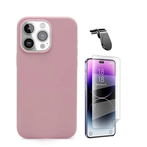 Kit Película Hydrogel Full Cover Frente + Capa Silicone Líquido + Suporte Magnético L para Apple iPhone 16 Pro Max - Rosa