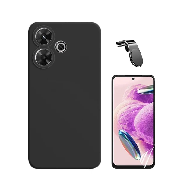 Kit Película Hydrogel Full Cover Frente + Capa Silicone Líquido + Suporte Magnético L para Xiaomi Redmi 13 5G - Preto