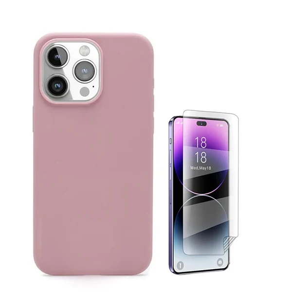 Kit Película Hydrogel Full Cover Frente + Capa Silicone Líquido para Apple iPhone 16 Pro Max - Rosa