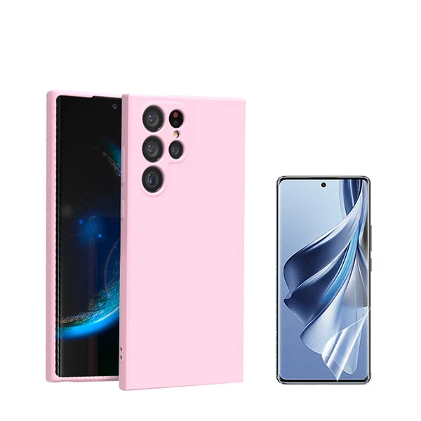 Kit Película Hydrogel Full Cover Frente + Capa Silicone Líquido para Samsung Galaxy S24 Ultra 5G - Rosa