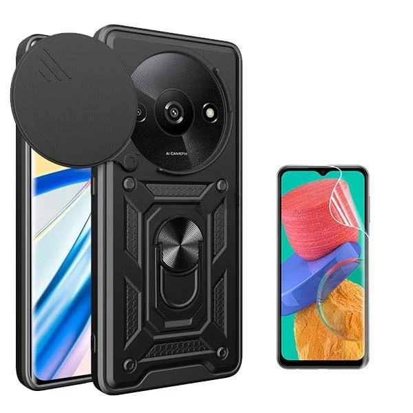 Kit Película Hydrogel Full Cover Frente + Capa Magnetic Military Defender Slide Window Anti-Impacto para Xiaomi Redmi A3 -...