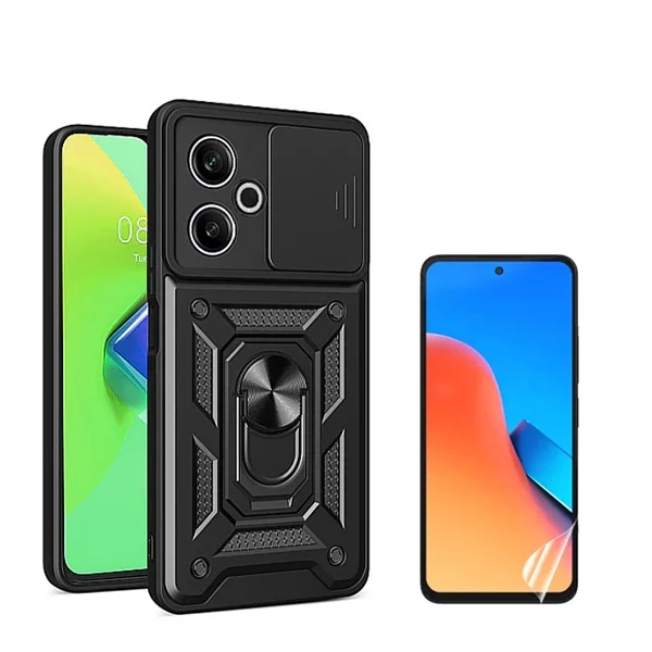 Kit Película Hydrogel Full Cover Frente + Capa Magnetic Military Defender Slide Window para Xiaomi Redmi 13 - Preto