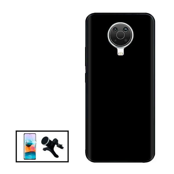Kit Película Hydrogel Full Cover Frente + Capa Silicone Líquido + Suporte Magnético de Carro Reforçado para Nokia G20 - Preto