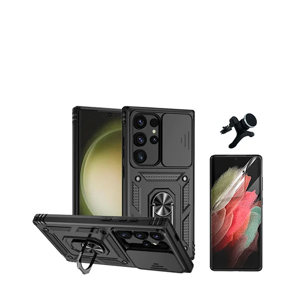 Kit Película Hydrogel Full Cover Frente + Capa Magnetic Military Defender Slide Window Anti-Impacto + Suporte Magnético de...
