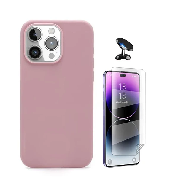 Kit Película Hydrogel Full Cover Frente + Capa Silicone Líquido + Suporte Magnético de Carro para Apple iPhone 16 Pro Max...