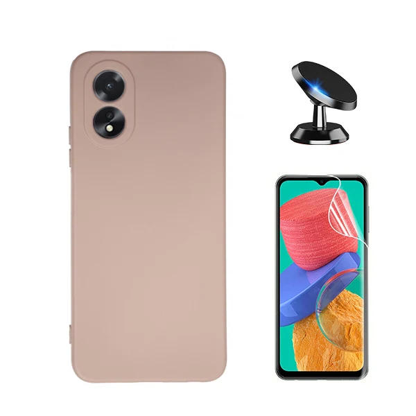 Kit Película Hydrogel Full Cover Frente + Capa Silicone Líquido + Suporte Magnético de Carro para Oppo A18 - Rosa