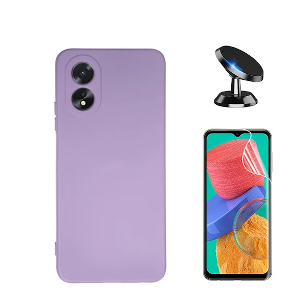 Kit Película Hydrogel Full Cover Frente + Capa Silicone Líquido + Suporte Magnético de Carro para Oppo A18 - Roxo