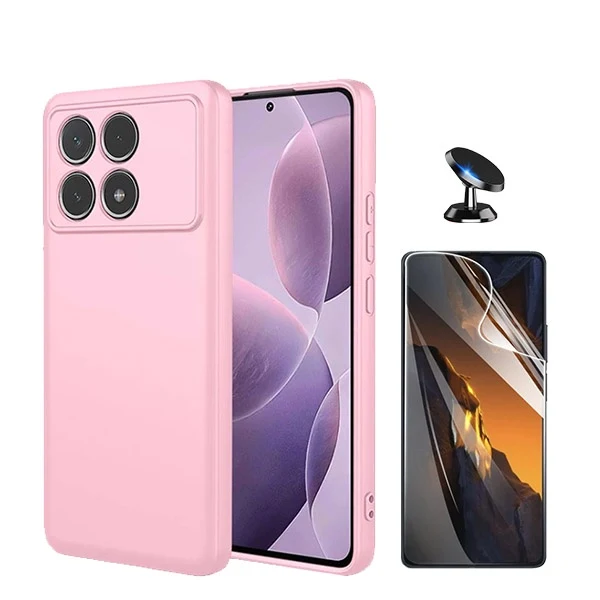 Kit Película Hydrogel Full Cover Frente + Capa Silicone Líquido + Suporte Magnético de Carro para Xiaomi Poco F6 Pro - Rosa