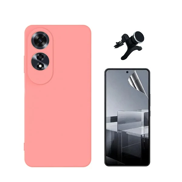 Kit Película Hydrogel Full Cover Frente + Capa Silicone Líquido + Suporte Magnético de Carro Reforçado para Oppo A60 - Rosa