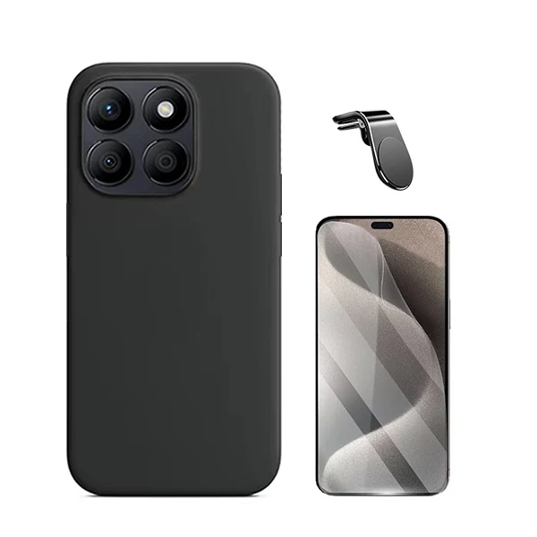 Kit Película Hydrogel Full Cover Frente + Capa Silicone Líquido + Suporte Magnético L para Honor X8b - Preto