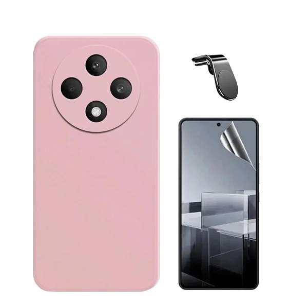 Kit Película Hydrogel Full Cover Frente + Capa Silicone Líquido + Suporte Magnético L para Oppo Reno12 FS 4G - Rosa