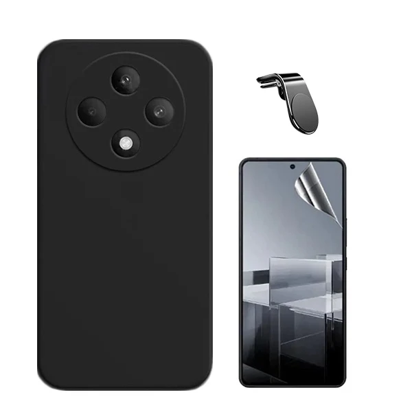 Kit Película Hydrogel Full Cover Frente + Capa Silicone Líquido + Suporte Magnético L para Oppo Reno12 FS 5G - Preto