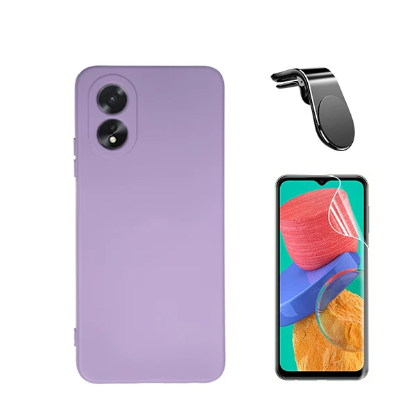 Kit Película Hydrogel Full Cover Frente + Capa Silicone Líquido + Suporte Magnético L Safe Driving Carro para Oppo A18 - Roxo
