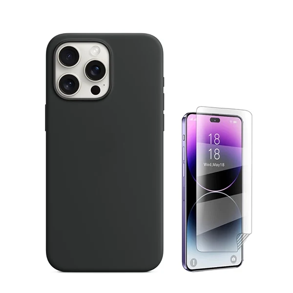 Kit Película Hydrogel Full Cover Frente + Capa Silicone Líquido para Apple iPhone 16 Pro - Preto