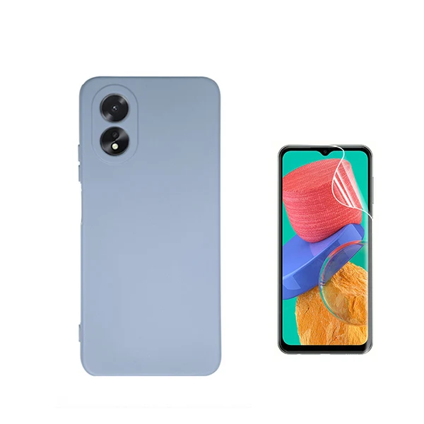 Kit Película Hydrogel Full Cover Frente + Capa Silicone Líquido para Oppo A38 4G - Azul Claro