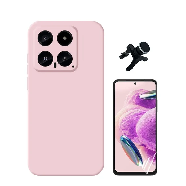 Kit Película Hydrogel Full Cover Frente + Capa Silicone Líquido + Suporte Magnético de Carro Reforçado para Xiaomi 14 - Rosa