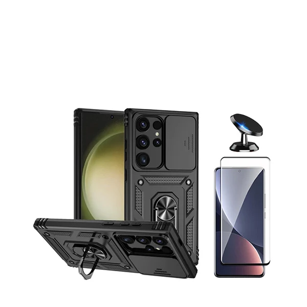 Kit Película de Vidro Temperado Curved + Capa Magnetic Military Defender Slide Window Anti-Impacto + Suporte Magnético de...