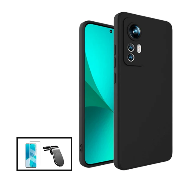 Kit Película de Vidro Temperado Curved + Capa Silicone Líquido + Suporte Magnético L Safe Driving Carro para Xiaomi 12 - P...
