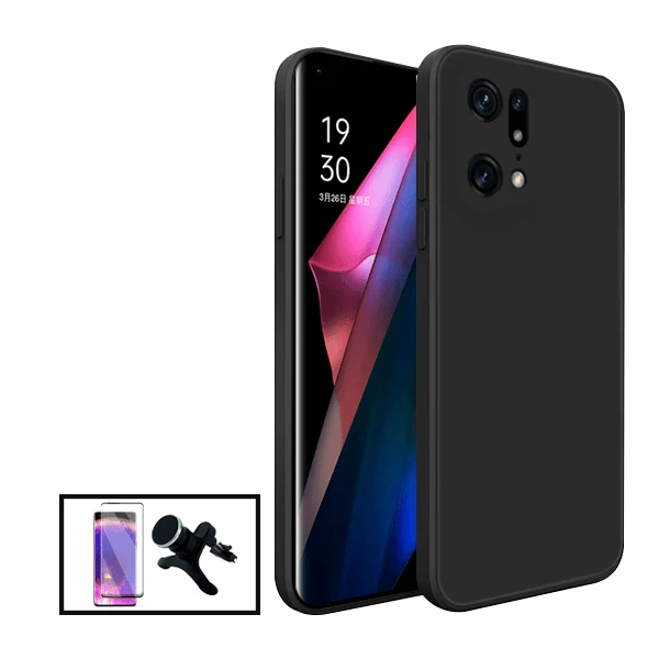 Kit Película de Vidro Temperado Curved + Capa Silicone Líquido + Suporte Magnético de Carro Reforçado para Oppo Find X5 Pr...