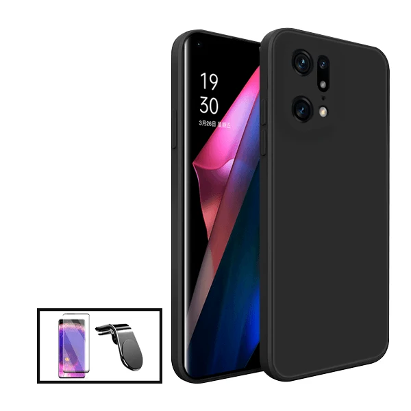 Kit Película de Vidro Temperado Curved + Capa Silicone Líquido + Suporte Magnético L Safe Driving Carro para Oppo Find X5...