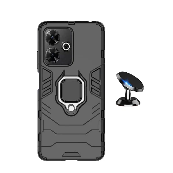 Kit Suporte Magnético de Carro + Capa 3x1 Military Defender para Xiaomi Redmi 13 - Preto