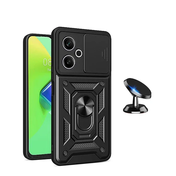Kit Suporte Magnético de Carro + Capa Magnetic Military Defender Slide Window Anti-Impacto para Xiaomi Poco M6 4G - Preto