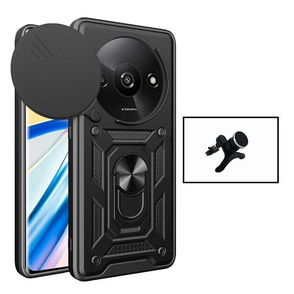 Kit Suporte Magnético de Carro Reforçado + Capa Magnetic Military Defender Slide Window Anti-Impacto para Xiaomi Redmi A3...
