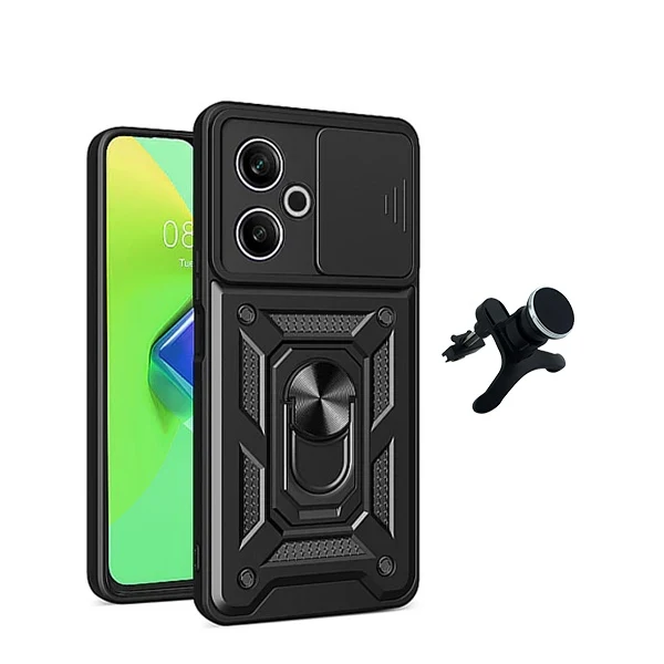 Kit Suporte Magnético de Carro Reforçado + Capa Magnetic Military Defender Slide Window para Xiaomi Poco M6 4G - Preto