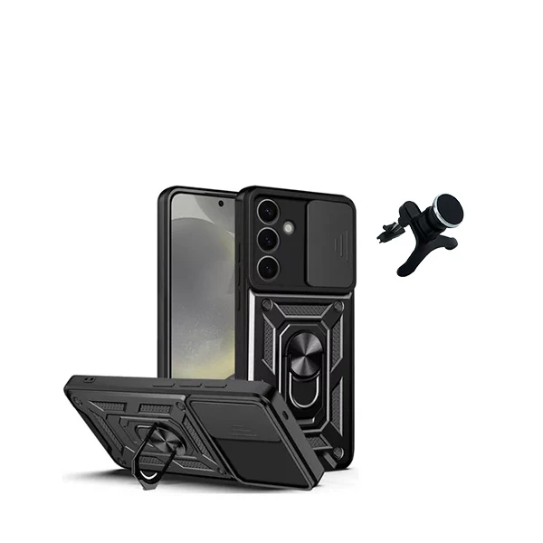 Kit Suporte Magnético de Carro Reforçado + Capa Magnetic Military Defender Slide Window Anti-Impacto para Samsung Galaxy S...