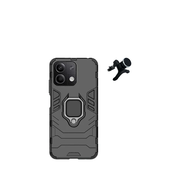 Kit Suporte Magnético de Carro Reforçado + Capa 3X1 Military Defender para Xiaomi Redmi Note 13 - Preto