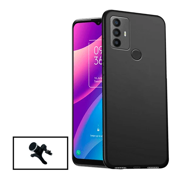 Kit Suporte Magnético Reforçado de Carro + Capa Silicone Líquido para TCL 30E - Preto