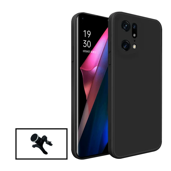 Kit Suporte Magnético Reforçado de Carro + Capa Silicone Líquido para Oppo Find X5 - Preto