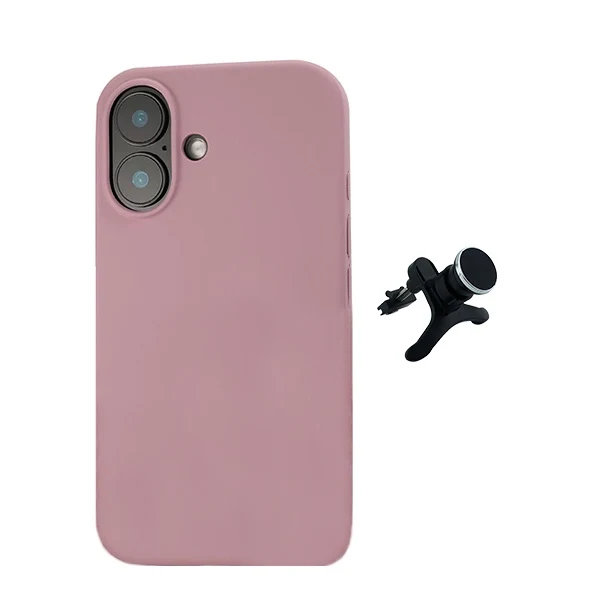 Kit Suporte Magnético Reforçado de Carro + Capa Silicone Líquido para Apple iPhone 16 Plus - Rosa
