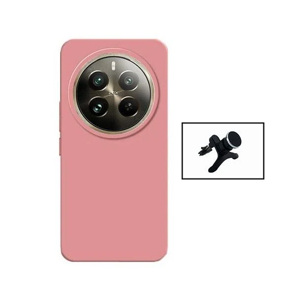 Kit Suporte Magnético Reforçado de Carro + Capa Silicone Líquido para Realme 12 Pro 5G - Rosa