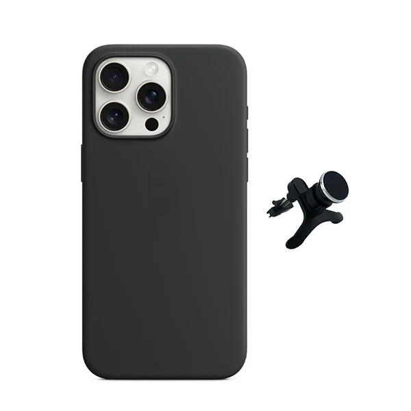 Kit Suporte Magnético Reforçado de Carro + Capa Silicone Líquido para Apple iPhone 16 Pro Max - Preto