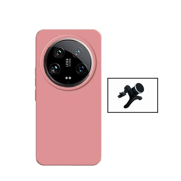 Kit Suporte Magnético Reforçado de Carro + Capa Silicone Líquido para Xiaomi 14 Ultra - Rosa