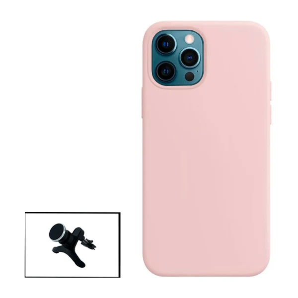 Kit Suporte Magnético Reforçado de Carro + Capa Silicone Líquido para Apple iPhone 13 Pro - Rosa