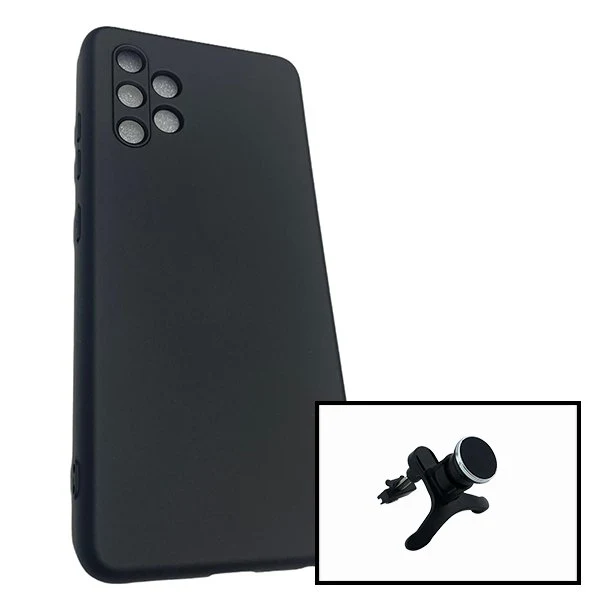Kit Suporte Magnético Reforçado de Carro + Capa Silicone Líquido para Samsung Galaxy A32 5G - Preto