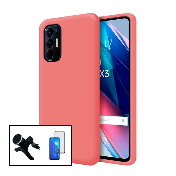 Kit Suporte Magnético Reforçado de Carro + Capa Silicone Líquido para Oppo Reno5 Pro+ 5G - Rosa