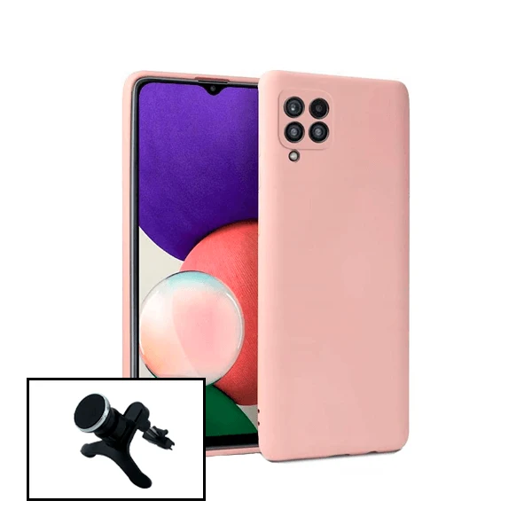 Kit Suporte Magnético Reforçado de Carro + Capa Silicone Líquido para Samsung Galaxy A22 - Rosa