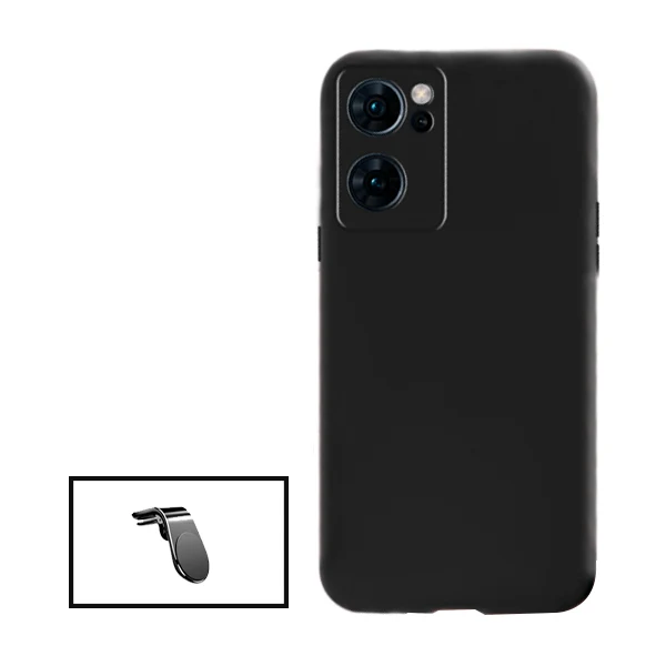 Kit Suporte Magnético L Safe Driving Carro + Capa Silicone Líquido para Oppo Reno7 SE 5G - Preto
