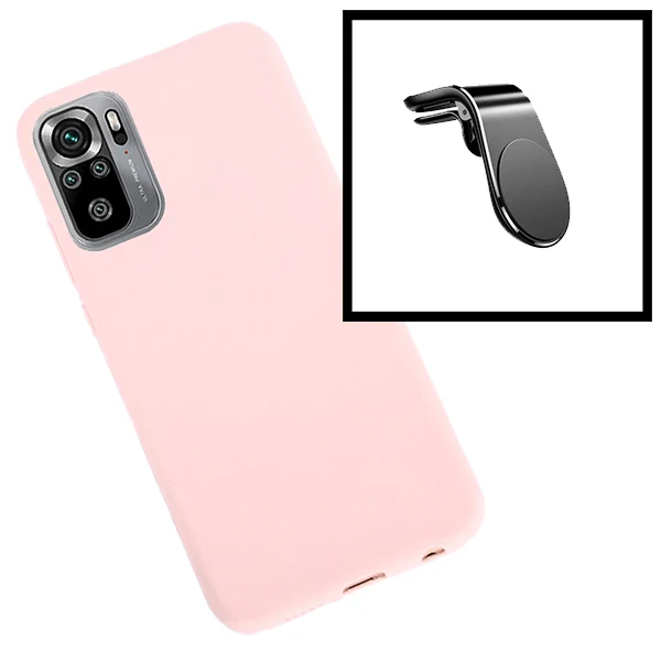 Kit Suporte Magnético L Safe Driving Carro + Capa Silicone Líquido para Xiaomi Redmi Note 10 5G - Rosa