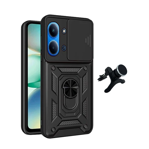Kit Suporte Reforçado + Capa Magnetic Slide Window PHONECARE Para Xiaomi Redmi 15C 4G - Preto