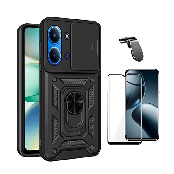 Kit Vidro + Capa Magnetic Slide Window + Suporte L PHONECARE Para Xiaomi Redmi 15C 4G - Preto