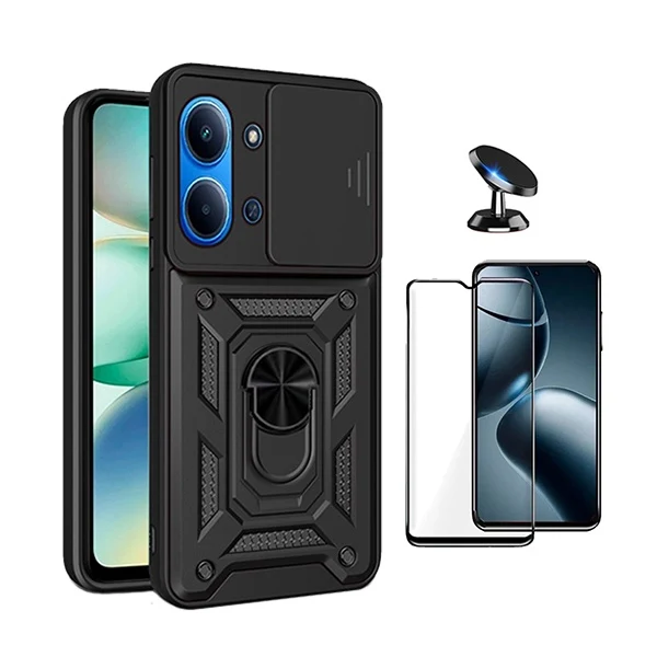 Kit Vidro + Capa Magnetic Slide Window + Suporte Magnético PHONECARE Para Xiaomi Redmi 15C - Preto